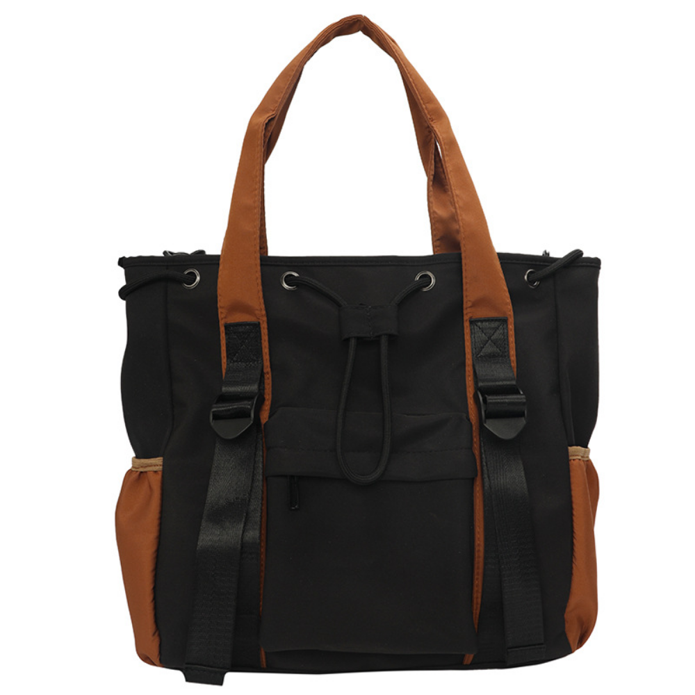 Women’s Two-Tone Drawstring Tote Bag with Front Zip Pocket