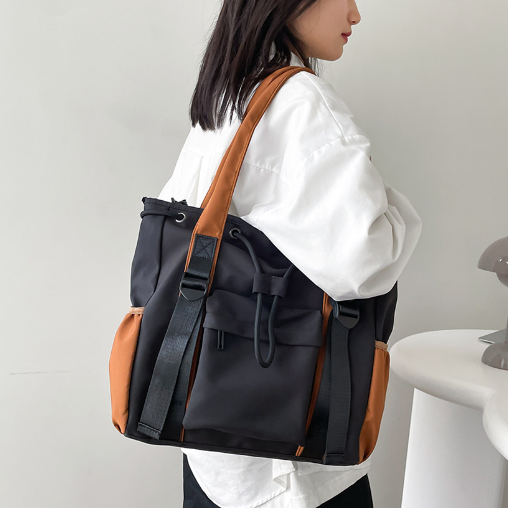 Women’s Two-Tone Drawstring Tote Bag with Front Zip Pocket