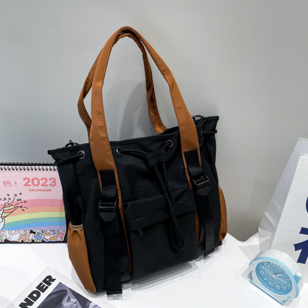 Women’s Two-Tone Drawstring Tote Bag with Front Zip Pocket