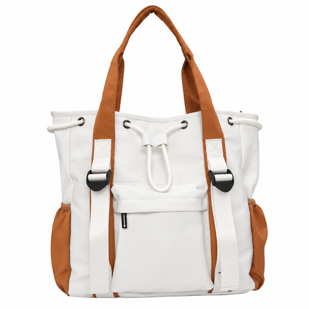 Women’s Two-Tone Drawstring Tote Bag with Front Zip Pocket