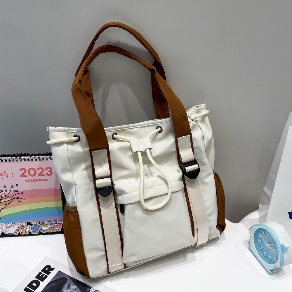Women’s Two-Tone Drawstring Tote Bag with Front Zip Pocket