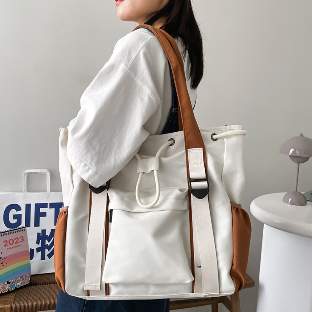 Women’s Two-Tone Drawstring Tote Bag with Front Zip Pocket