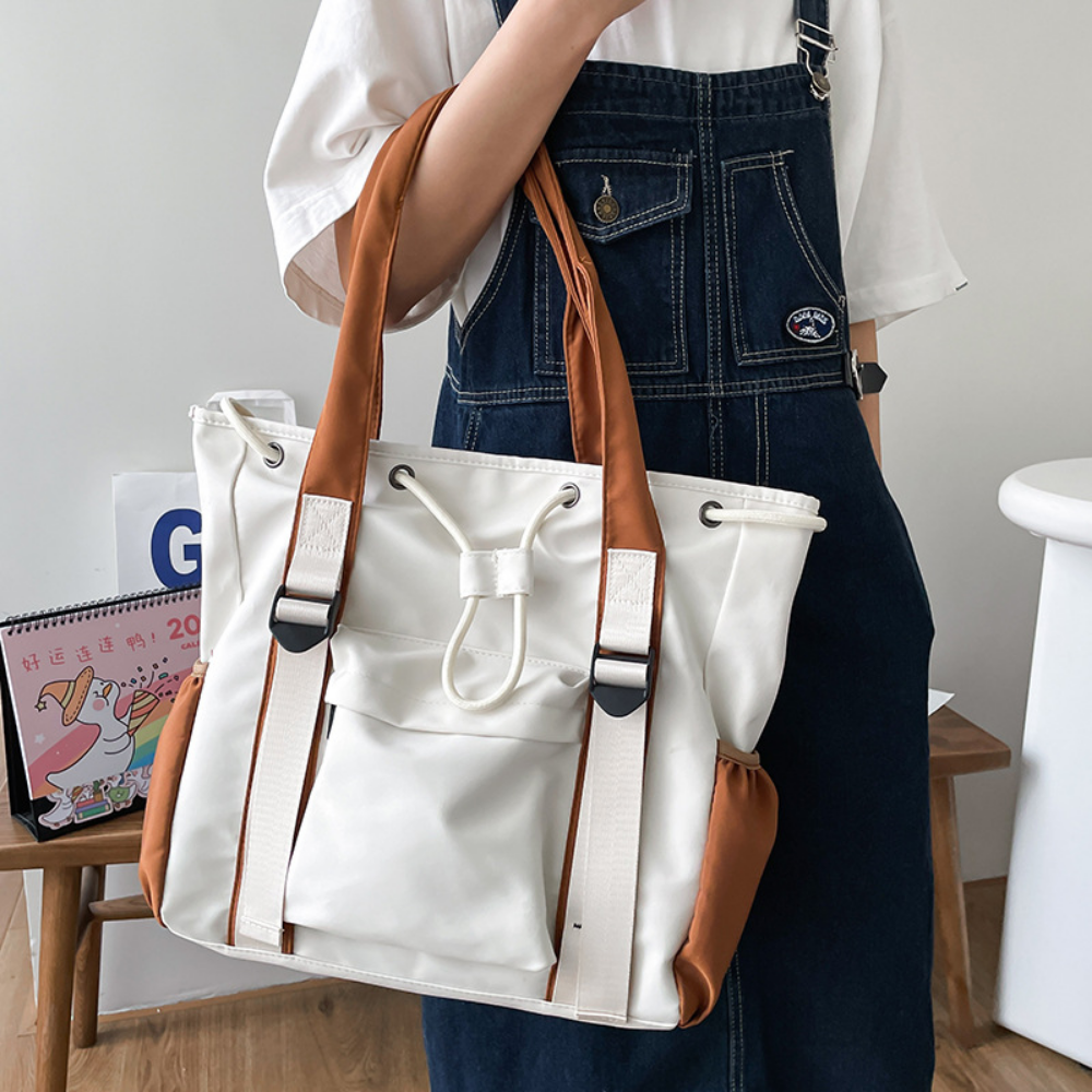 Women’s Two-Tone Drawstring Tote Bag with Front Zip Pocket