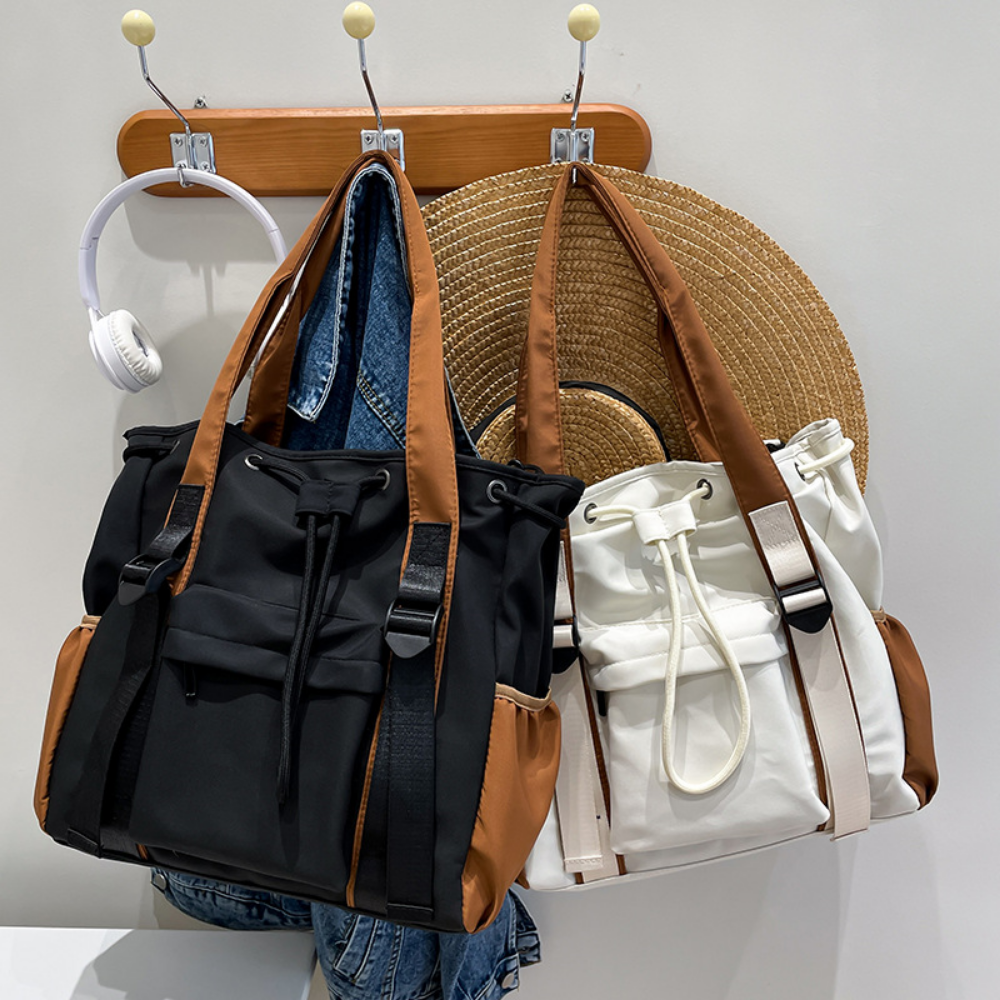 Women’s Two-Tone Drawstring Tote Bag with Front Zip Pocket