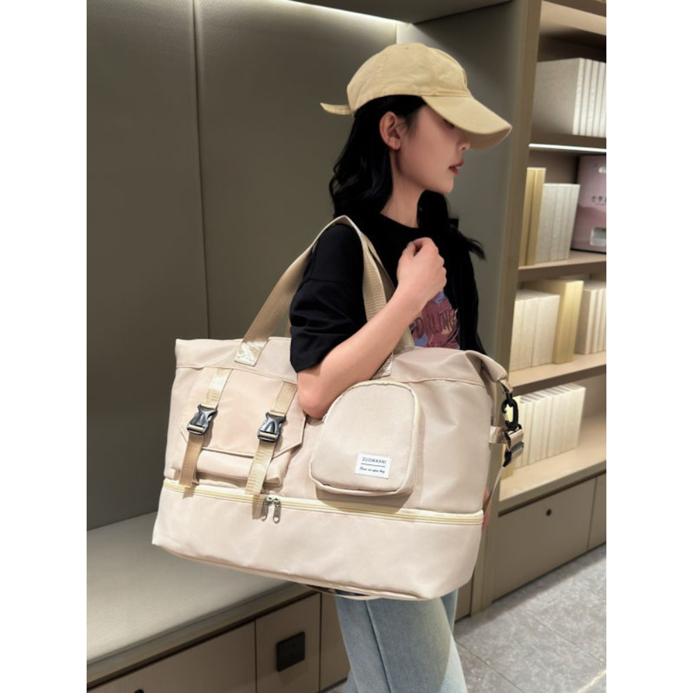 Premium Beige Travel Duffel Bag with Expandable Bottom Compartment